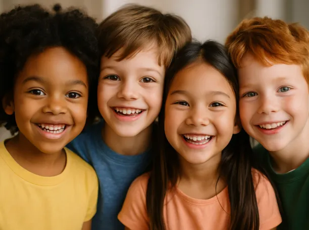 A diverse group of four children huddled together smiling at the camera